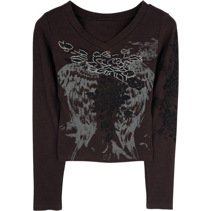 Cropped V-neck Long T-shirt (Women's XS equivalent) polyester dark chocolate Vintage Second Hand