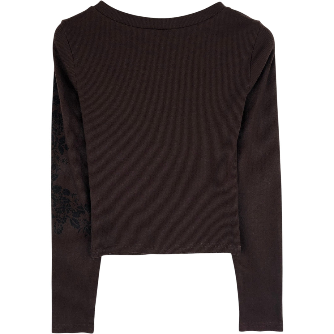 Cropped V-neck Long T-shirt (Women's XS equivalent) polyester dark chocolate Vintage Second Hand