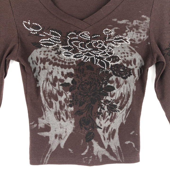 Cropped V-neck Long T-shirt (Women's XS equivalent) polyester dark chocolate Vintage Second Hand
