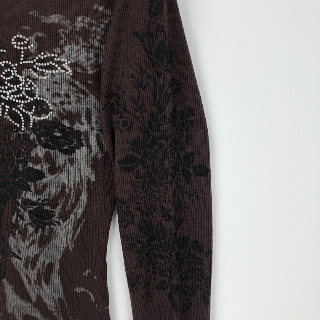 Cropped V-neck Long T-shirt (Women's XS equivalent) polyester dark chocolate Vintage Second Hand
