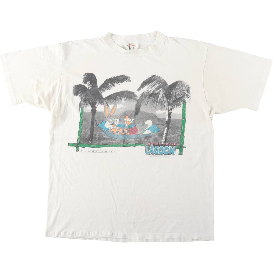 90'S LOONEY TUNES Bugs Bunny character print T-shirt, men's size L (approx.) cotton white type Vintage Second Hand