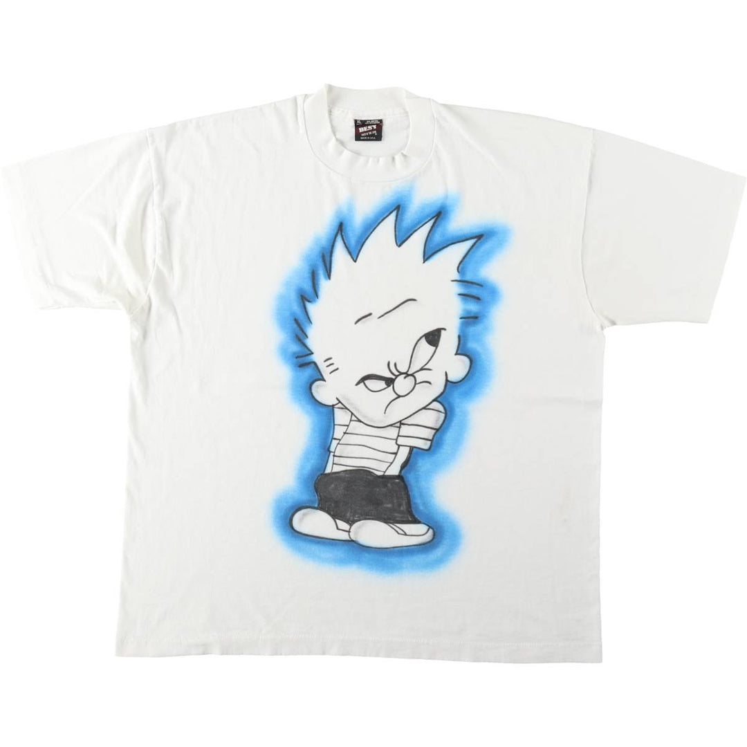 90'S Fruit of the Loom BEST Calvin and Hobbes character print T-shirt, men's size XL. cotton white type Vintage Second Hand