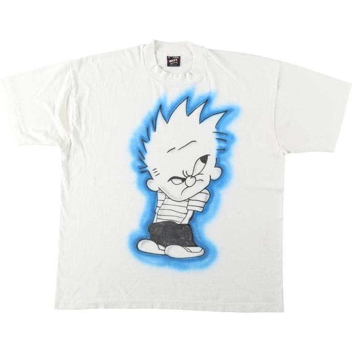 90'S Fruit of the Loom BEST Calvin and Hobbes character print T-shirt, men's size XL. cotton white type Vintage Second Hand