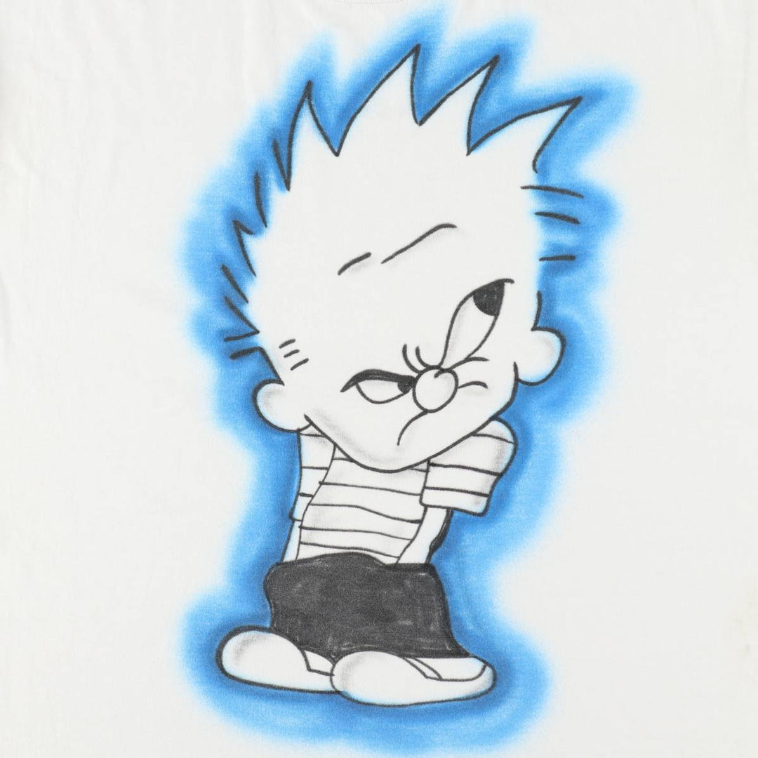 90'S Fruit of the Loom BEST Calvin and Hobbes character print T-shirt, men's size XL. cotton white type Vintage Second Hand