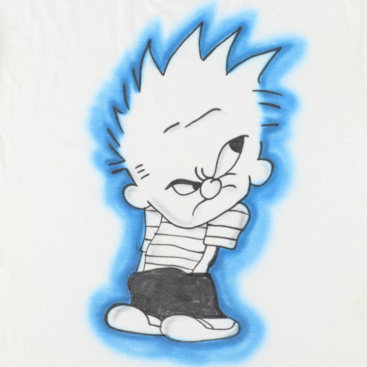 90'S Fruit of the Loom BEST Calvin and Hobbes character print T-shirt, men's size XL. cotton white type Vintage Second Hand