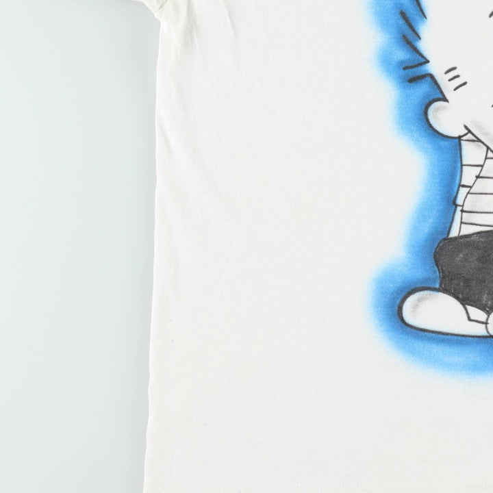 90'S Fruit of the Loom BEST Calvin and Hobbes character print T-shirt, men's size XL. cotton white type Vintage Second Hand