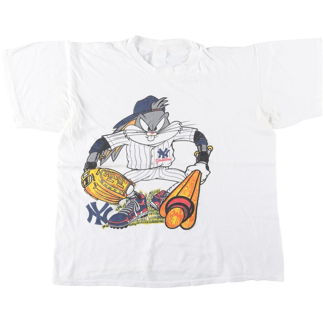 ~90'S SHORT HILLS TEE Looney Tunes Bugs Bunny New York Yankees Character Print T-Shirt cotton white type Vintage Second Hand