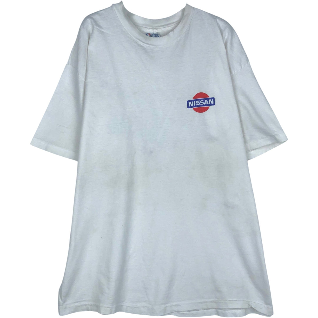 1980'S Hanes BEEFY-T Blue Tag NISSAN Advertising T-Shirt, Made in USA, Men's XL Equivalent, Vintage cotton white type Vintage Second Hand