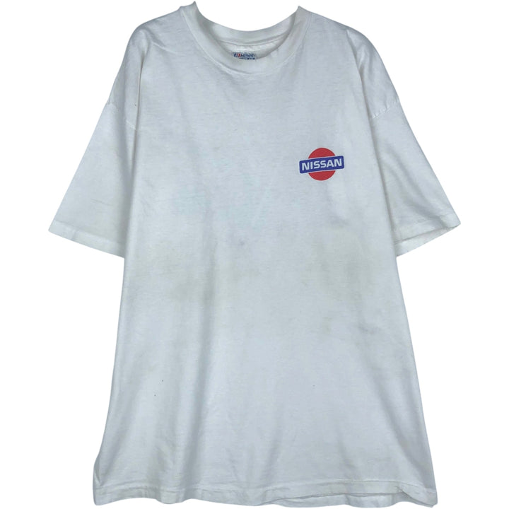 1980'S Hanes BEEFY-T Blue Tag NISSAN Advertising T-Shirt, Made in USA, Men's XL Equivalent, Vintage cotton white type Vintage Second Hand