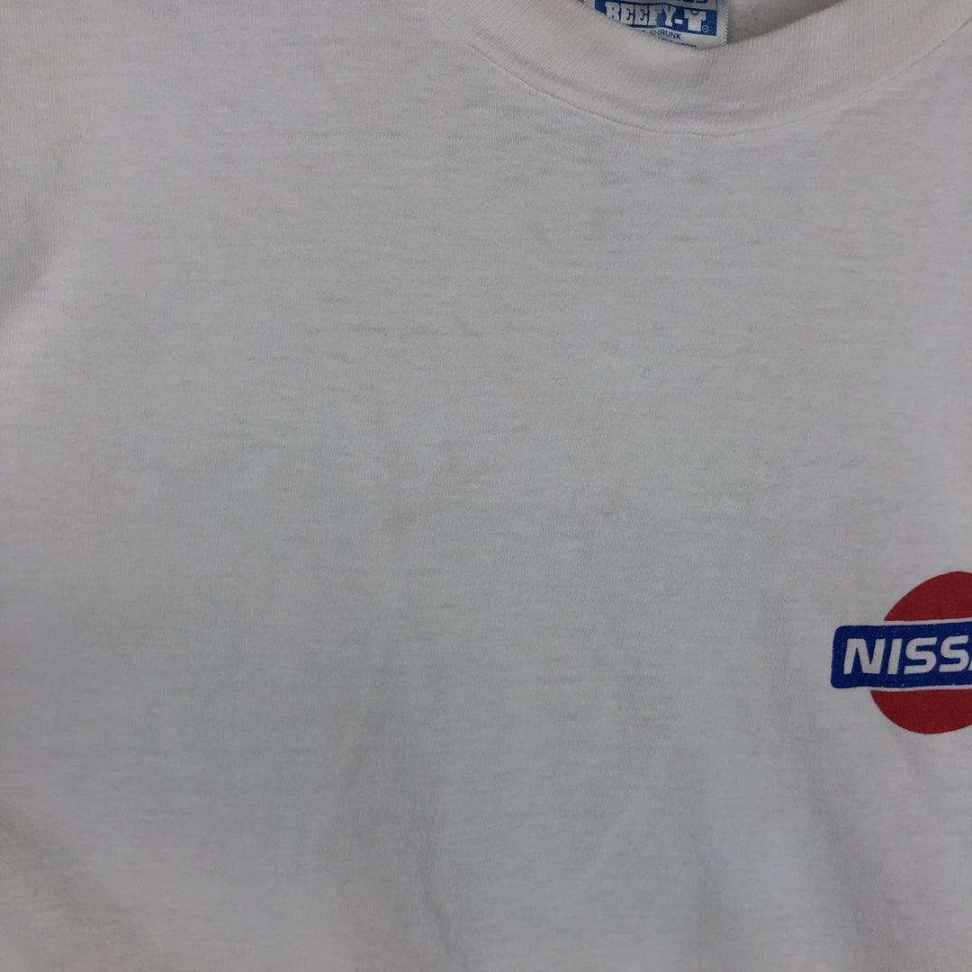 1980'S Hanes BEEFY-T Blue Tag NISSAN Advertising T-Shirt, Made in USA, Men's XL Equivalent, Vintage cotton white type Vintage Second Hand