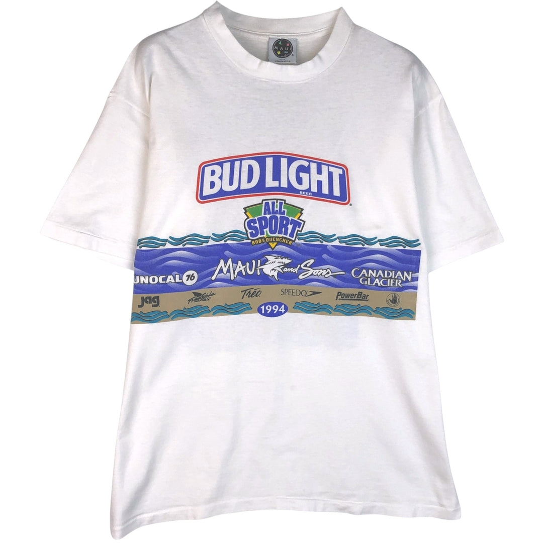 90'S MAUI and Sons BUD LIGHT Print Advertising T-Shirt, Made in USA, Men's Size L (approx.), Vintage cotton white type Vintage Second Hand