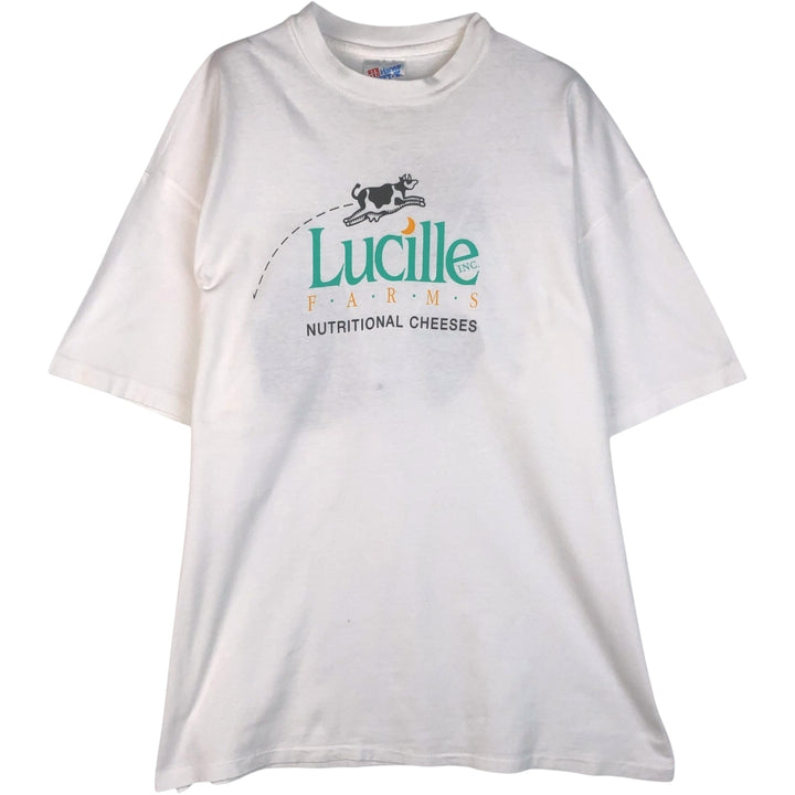 90'S Hanes BEEFY-T Lucille FARMS NUTRITIONAL CHEESEES advertising T-shirt, Made in USA, Men's XL equivalent. cotton white type Vintage Second Hand