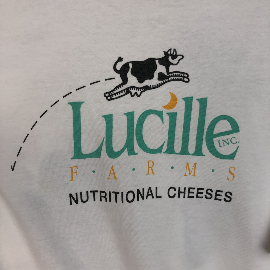 90'S Hanes BEEFY-T Lucille FARMS NUTRITIONAL CHEESEES advertising T-shirt, Made in USA, Men's XL equivalent. cotton white type Vintage Second Hand