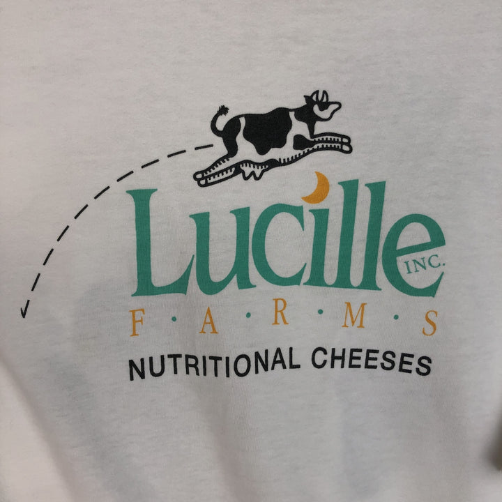 90'S Hanes BEEFY-T Lucille FARMS NUTRITIONAL CHEESEES advertising T-shirt, Made in USA, Men's XL equivalent. cotton white type Vintage Second Hand
