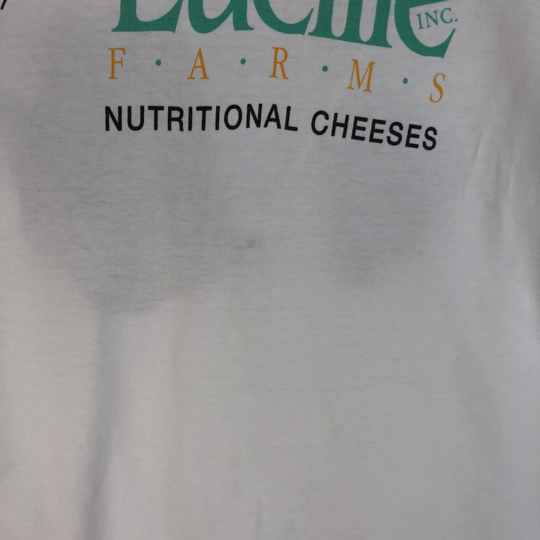 90'S Hanes BEEFY-T Lucille FARMS NUTRITIONAL CHEESEES advertising T-shirt, Made in USA, Men's XL equivalent. cotton white type Vintage Second Hand