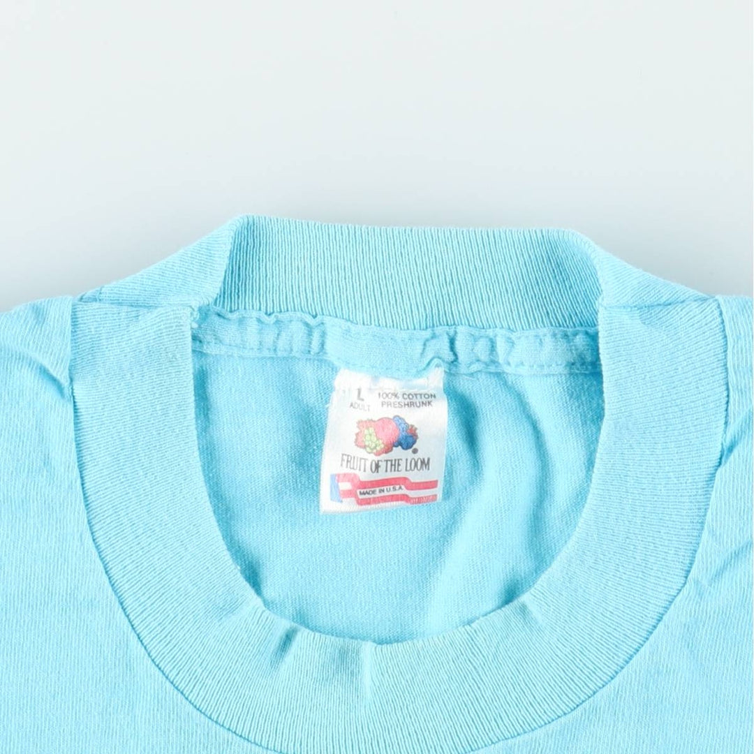90'S Fruit of the Loom Advertising T-shirt, Made in USA, Men's L size, Vintage cotton Blue type light blue Vintage Second Hand