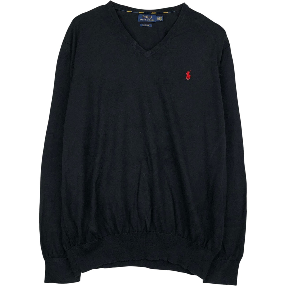 Ralph Lauren POLO RALPH LAUREN V-neck cotton knit sweater, men's size XL cotton black type Vintage Second Hand