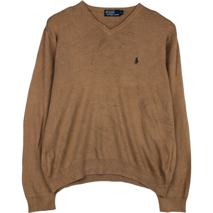 Ralph Lauren POLO by Ralph Lauren V-neck Pima cotton knit sweater, men's size L Pima Cotton beige type brown Vintage Second Hand