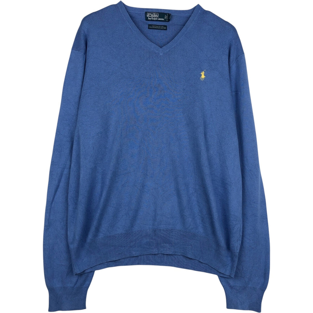 Ralph Lauren POLO by Ralph Lauren V-neck Pima cotton knit sweater, men's size XL Pima Cotton blue type Vintage Second Hand