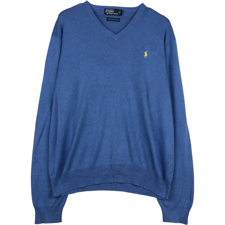 Ralph Lauren POLO by Ralph Lauren V-neck Pima cotton knit sweater, men's size XL Pima Cotton blue type Vintage Second Hand