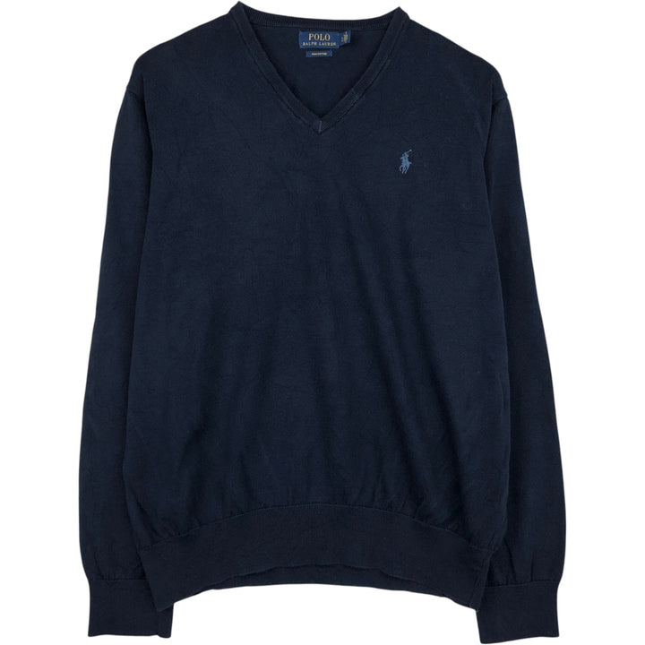 Ralph Lauren POLO RALPH LAUREN V-neck cotton knit sweater, men's size L cotton navy blue type Vintage Second Hand