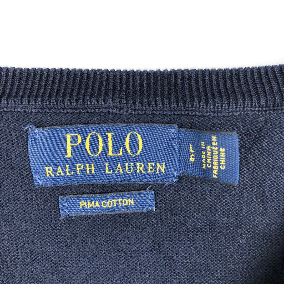 Ralph Lauren POLO RALPH LAUREN V-neck cotton knit sweater, men's size L cotton navy blue type Vintage Second Hand