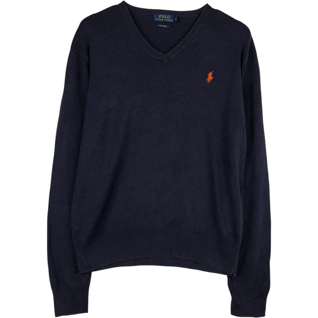 Ralph Lauren POLO RALPH LAUREN V-neck cotton knit sweater, men's size S (approx.) cotton navy blue type Vintage Second Hand