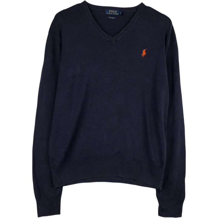 Ralph Lauren POLO RALPH LAUREN V-neck cotton knit sweater, men's size S (approx.) cotton navy blue type Vintage Second Hand