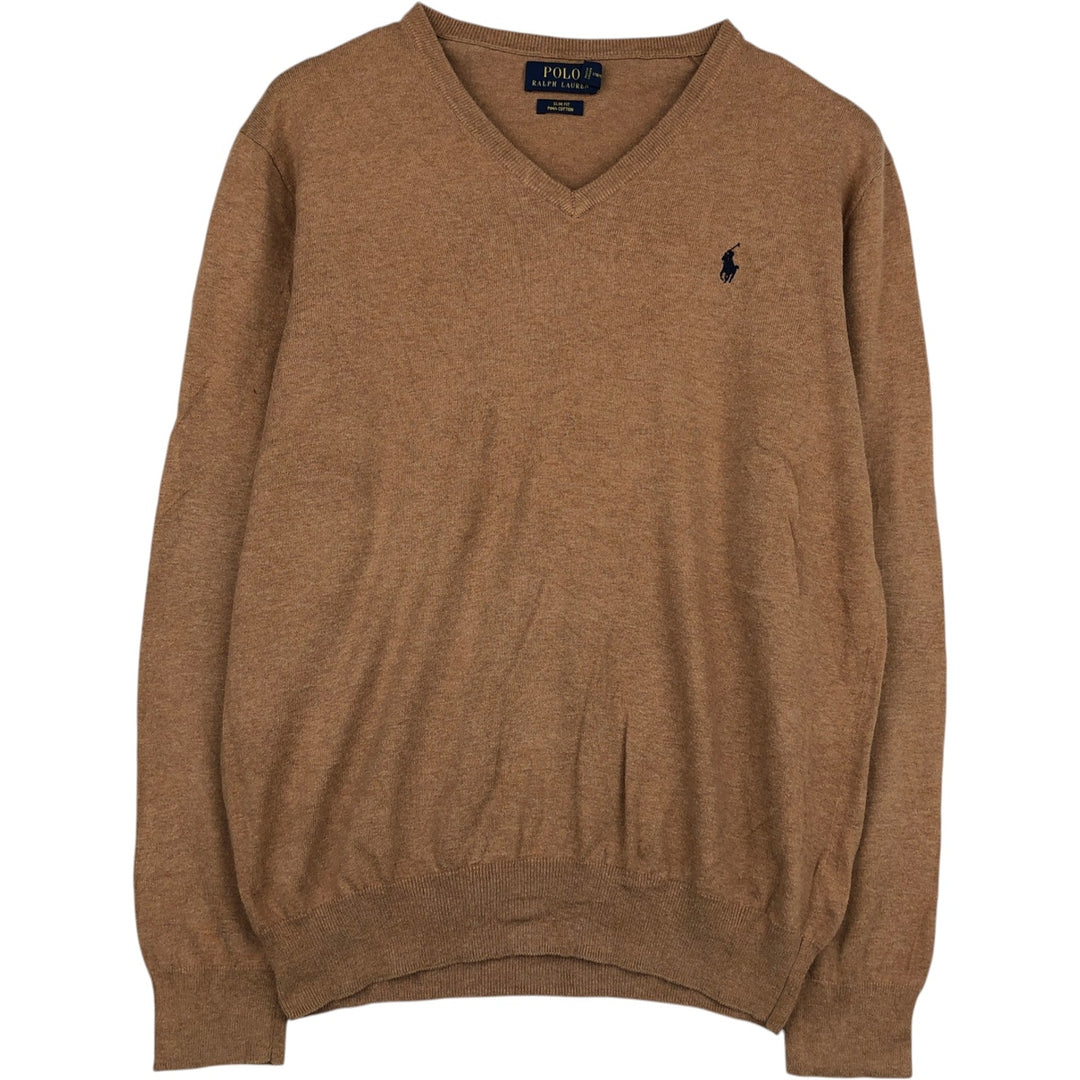 Ralph Lauren POLO RALPH LAUREN Slim Fit V-Neck Cotton Knit Sweater, Men's Size S (approx.) cotton beige type brown Vintage Second Hand