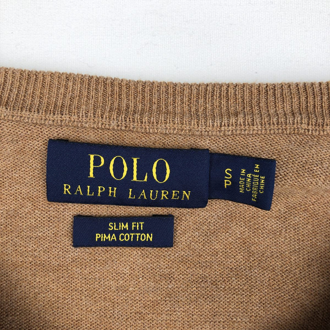 Ralph Lauren POLO RALPH LAUREN Slim Fit V-Neck Cotton Knit Sweater, Men's Size S (approx.) cotton beige type brown Vintage Second Hand