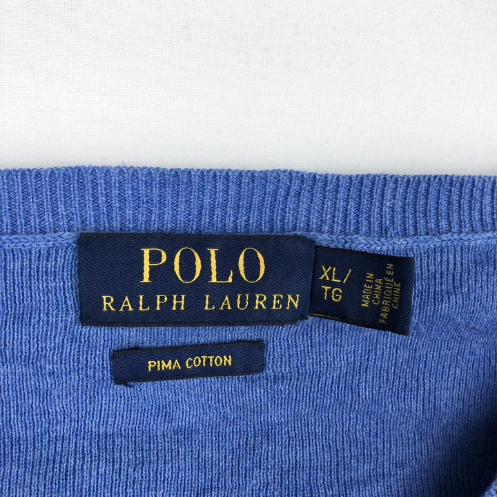 Ralph Lauren POLO RALPH LAUREN V-neck Pima cotton knit sweater, men's size XL Pima Cotton blue type Vintage Second Hand