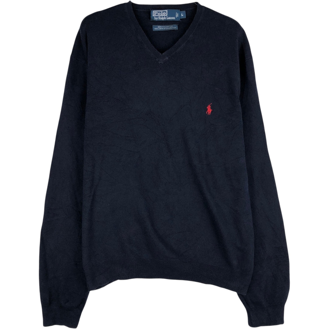 Ralph Lauren POLO by Ralph Lauren V-neck Pima cotton knit sweater, men's size L Pima Cotton navy blue type Vintage Second Hand