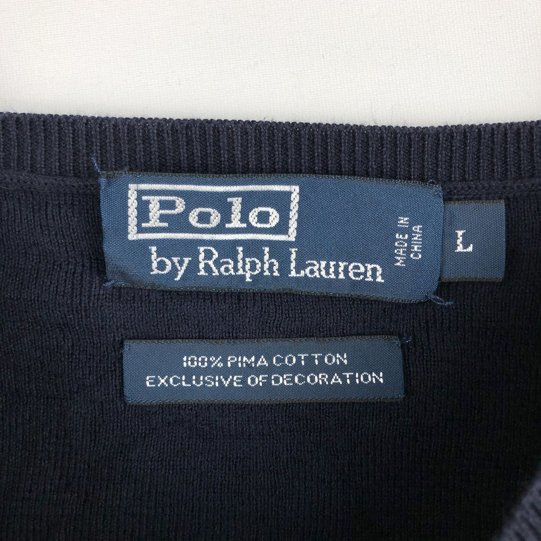 Ralph Lauren POLO by Ralph Lauren V-neck Pima cotton knit sweater, men's size L Pima Cotton navy blue type Vintage Second Hand