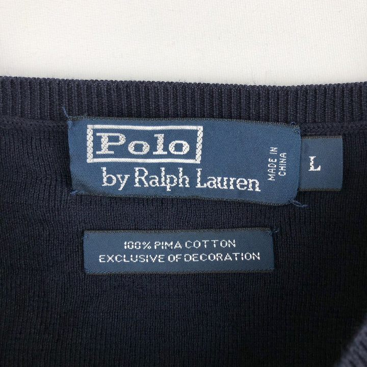 Ralph Lauren POLO by Ralph Lauren V-neck Pima cotton knit sweater, men's size L Pima Cotton navy blue type Vintage Second Hand