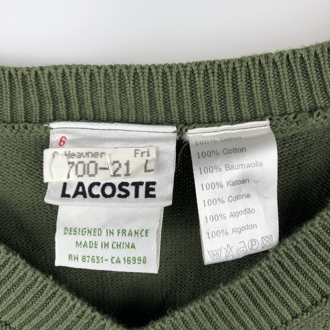 Lacoste V-neck cotton knit sweater, size 6, men's XL cotton Khaki type Vintage Second Hand