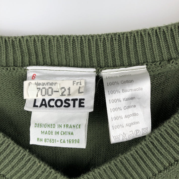 Lacoste V-neck cotton knit sweater, size 6, men's XL cotton Khaki type Vintage Second Hand