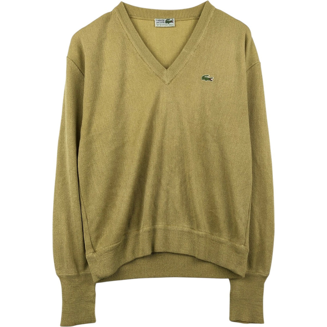 1980'S Lacoste CHEMISE French Lacoste V-neck acrylic knit sweater, made in Spain, men's size M equivalent, vintage. acrylic green type yellow green Vintage Second Hand