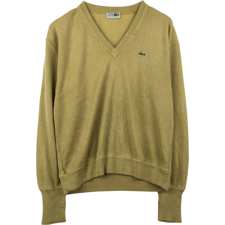 1980'S Lacoste CHEMISE French Lacoste V-neck acrylic knit sweater, made in Spain, men's size M equivalent, vintage. acrylic green type yellow green Vintage Second Hand
