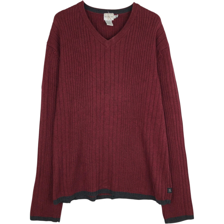 90s-00'S Calvin Klein Jeans Rib-Knit V-Neck Cotton Sweater, Men's Size XL (Vintage) cotton red type Vintage Second Hand