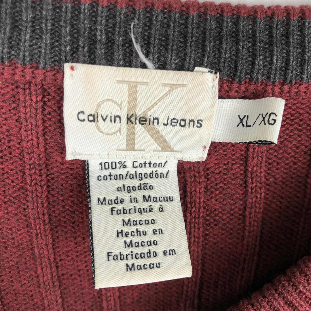 90s-00'S Calvin Klein Jeans Rib-Knit V-Neck Cotton Sweater, Men's Size XL (Vintage) cotton red type Vintage Second Hand