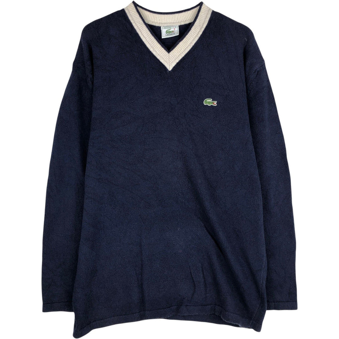 Lacoste V-neck cotton knit sweater with one-point logo, made in Spain, men's size L equivalent. cotton navy blue type Vintage Second Hand