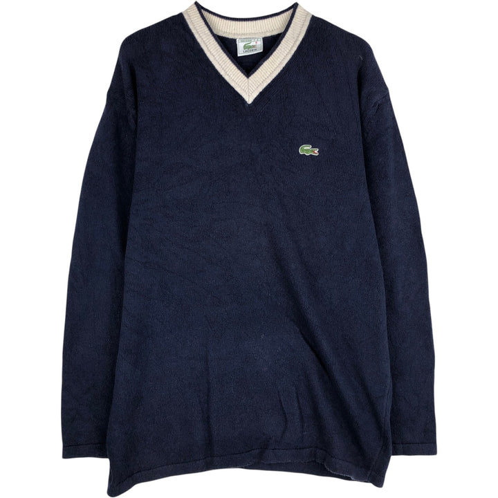 Lacoste V-neck cotton knit sweater with one-point logo, made in Spain, men's size L equivalent. cotton navy blue type Vintage Second Hand