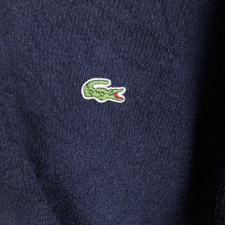 Lacoste V-neck cotton knit sweater with one-point logo, made in Spain, men's size L equivalent. cotton navy blue type Vintage Second Hand