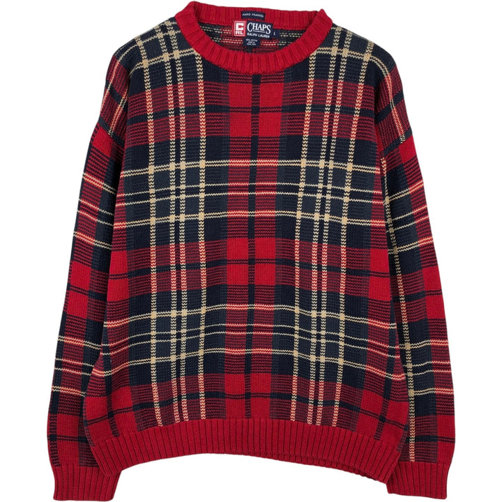 Ralph Lauren CHAPS Check Pattern Cotton Knit Sweater, Men's Size L (approx.) cotton red type Vintage Second Hand