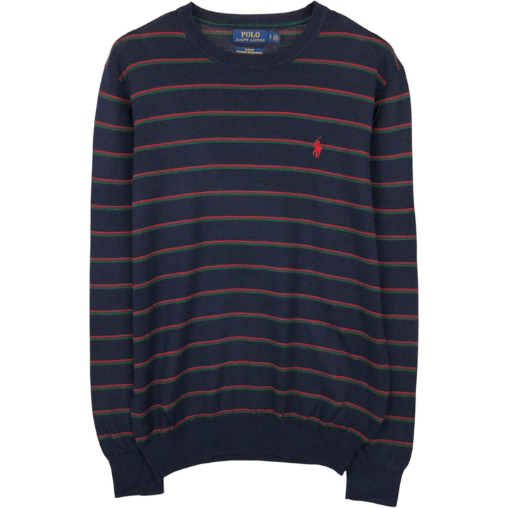 Ralph Lauren SLIM FIT Washable Merino Wool Striped Pattern Knit Sweater (Men's Size S) Merino wool navy blue type Vintage Second Hand