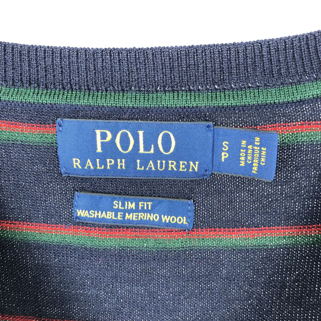 Ralph Lauren SLIM FIT Washable Merino Wool Striped Pattern Knit Sweater (Men's Size S) Merino wool navy blue type Vintage Second Hand