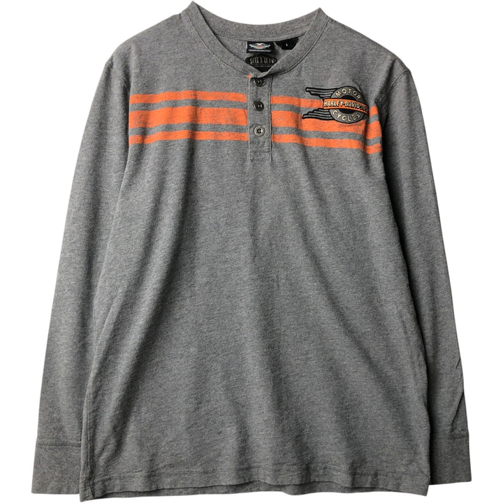 Harley-Davidson Motorcycle Henley Neck Long T-Shirt, Men's Size L unclear gray type Vintage Second Hand