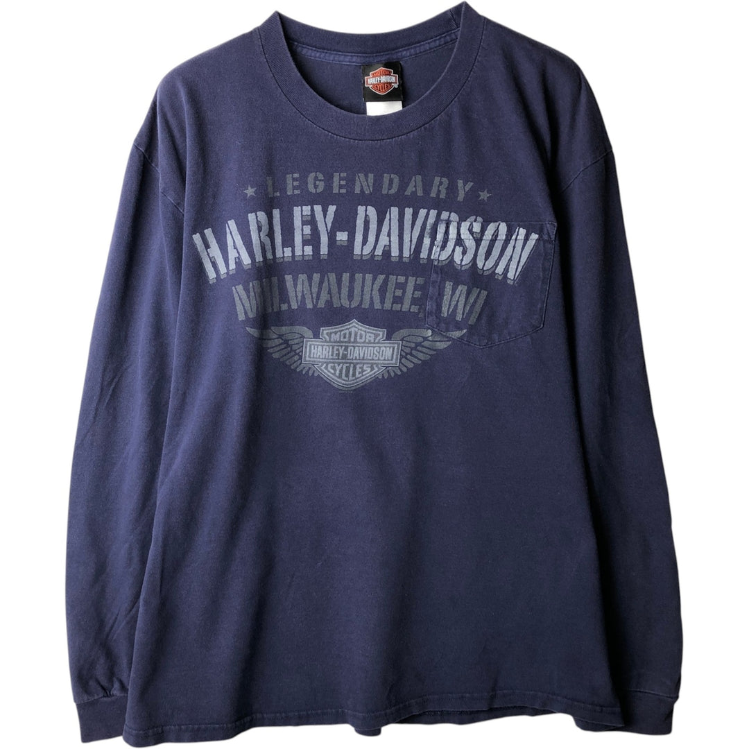 Harley-Davidson Long Sleeve T-Shirt, Men's XL Size cotton navy blue type Vintage Second Hand