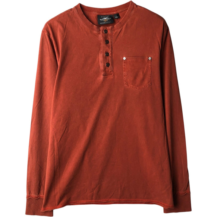 Harley-Davidson Eagle Pattern Henley Neck Motorcycle Back Print Long-Sleeve T-Shirt (Men's Size L) unclear red type reddish brown Vintage Second Hand