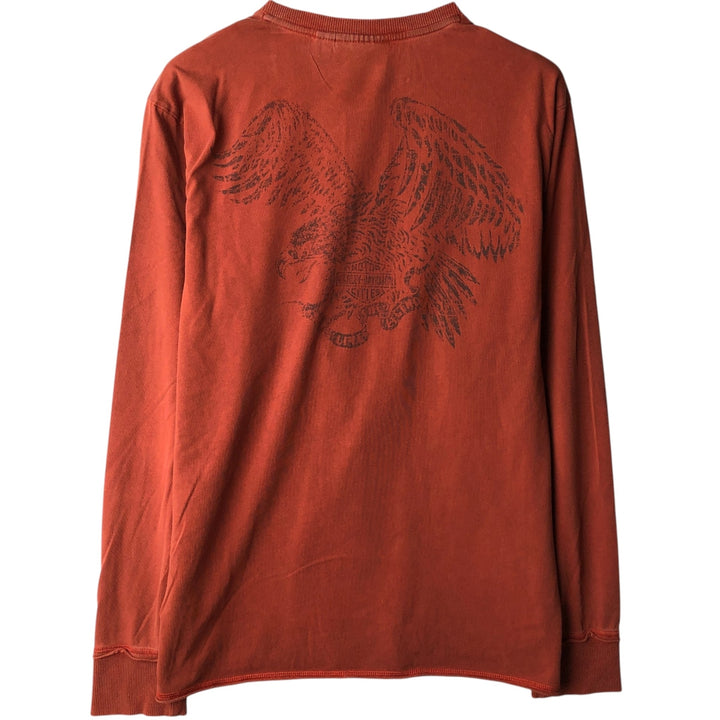 Harley-Davidson Eagle Pattern Henley Neck Motorcycle Back Print Long-Sleeve T-Shirt (Men's Size L) unclear red type reddish brown Vintage Second Hand